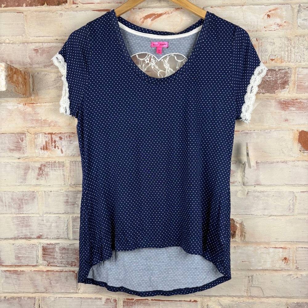 Betsey Johnson NWT Navy Polka Dot Top Size M Lace Trim Heart Cutout Coquette Y2K - Picture 3 of 8